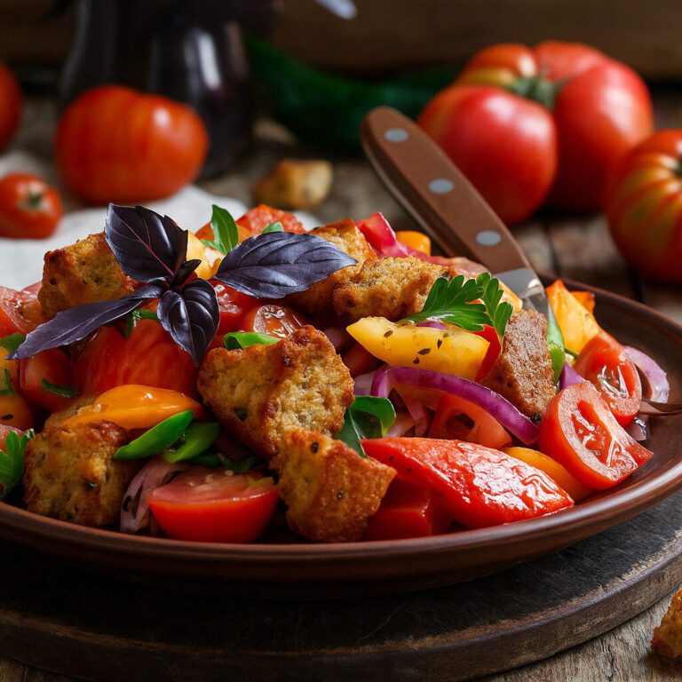Typical Florentine and Tuscan food – traditional panzanella salad with tomatoes, toasted bread, red onions, basil, and olive oil.