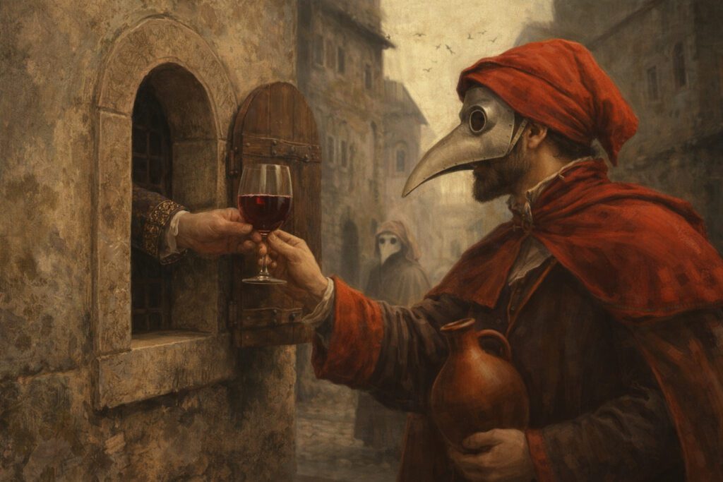 Man in Renaissance clothing buying wine through a buchetta del vino in Florence during a plague period