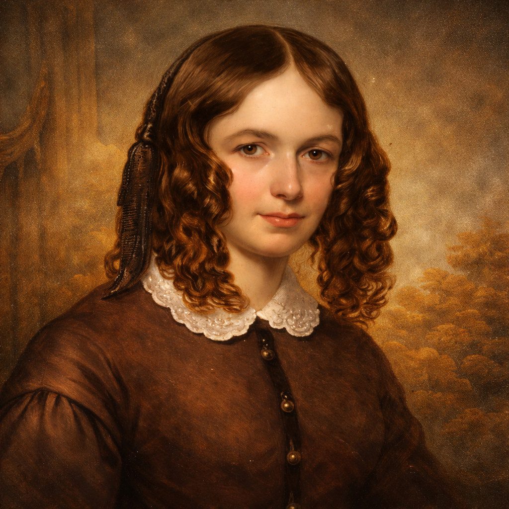 Elizabeth Barrett Browning portrait in warm painterly style inspired by Florence, 19th century English poet