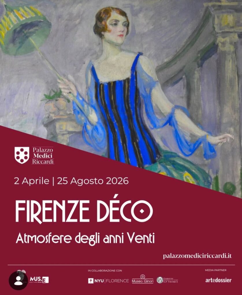 Firenze Déco exhibition poster Florence 1920s Palazzo Medici Riccardi Art Deco woman with parasol 2026