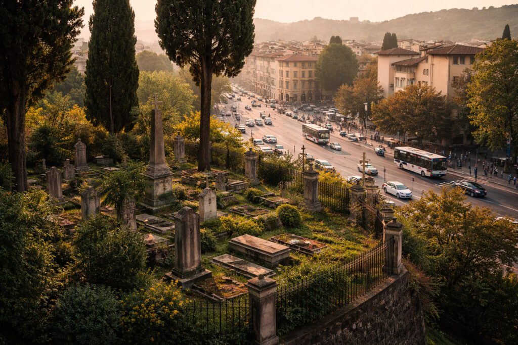 Cimitero degli Inglesi Florence with cypress trees overlooking busy city street near Porta alla Croce