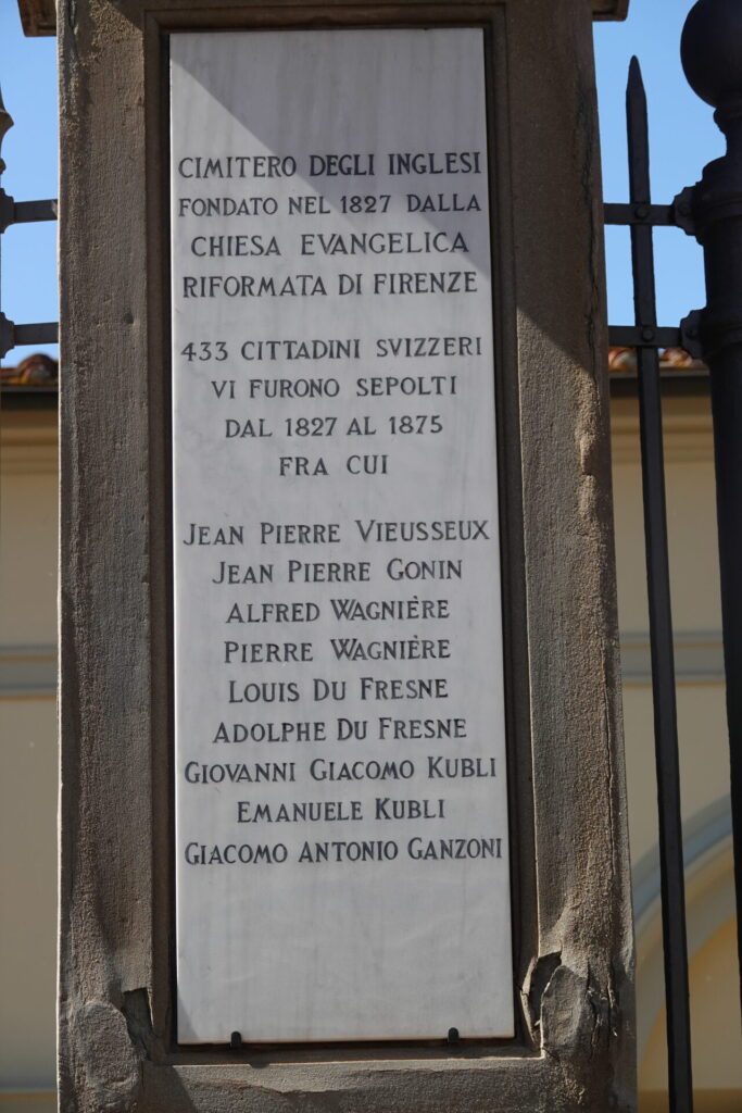 Entrance plaque at the Cimitero degli Inglesi in Florence showing Swiss burials and founding details from 1827