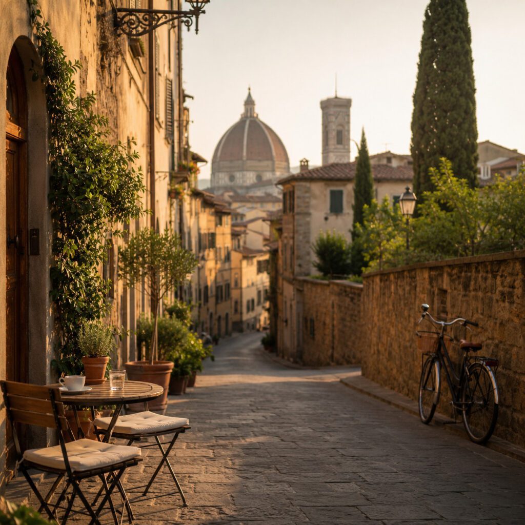 Quiet street in Florence at golden hour with a small café table, historic buildings, and a view towards the Duomo, reflecting a slower and more authentic way to experience the city.