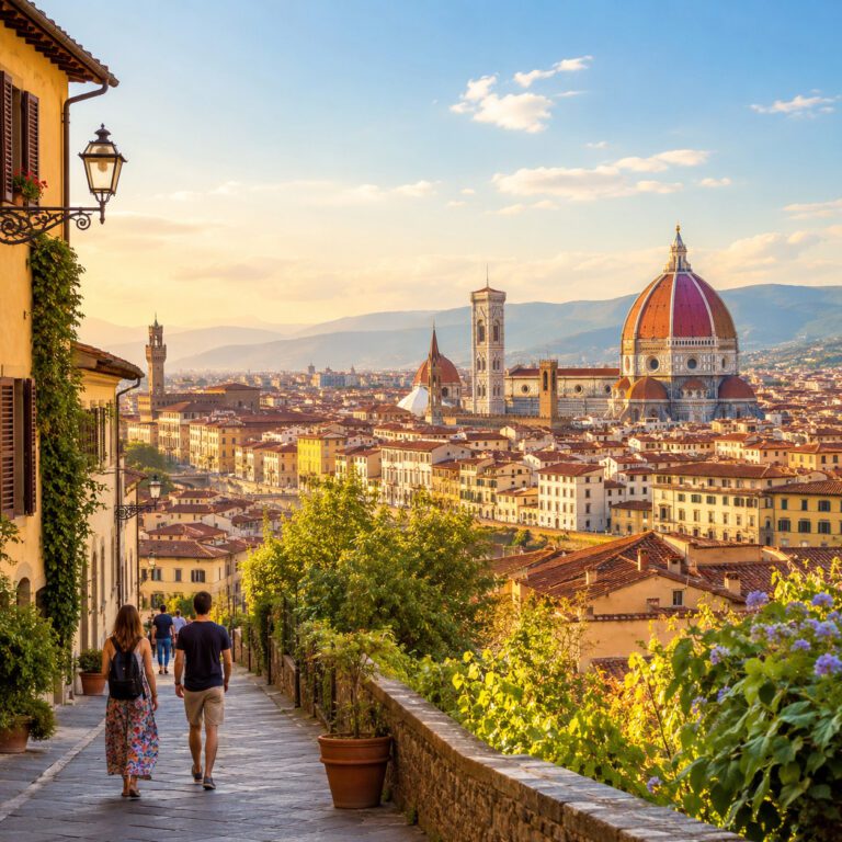 Sunlit view over Florence with the Duomo, historic rooftops and a quiet pedestrian street, capturing the unique atmosphere that makes Florence feel different from other Italian cities.