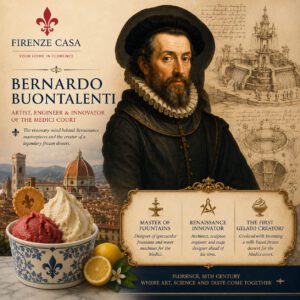 Illustration of Bernardo Buontalenti with the Florence skyline, artisanal Italian gelato, Renaissance engineering sketches and the Firenze Casa logo, highlighting his role in the history of Italian gelato.