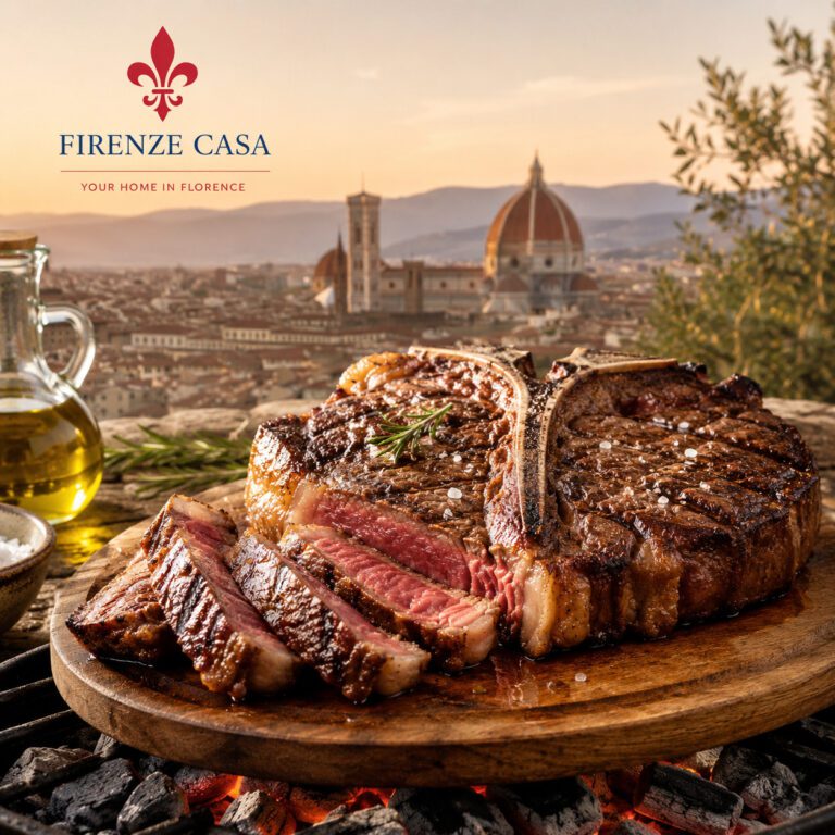 Authentic Bistecca alla Fiorentina grilled over charcoal with the Florence skyline and the Cathedral of Santa Maria del Fiore in the background, featuring the Firenze Casa logo.