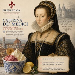 llustration of Caterina de' Medici with the Florence skyline, artisanal Italian gelato and the Firenze Casa logo, highlighting her connection to Renaissance culture and the history of Italian gelato.