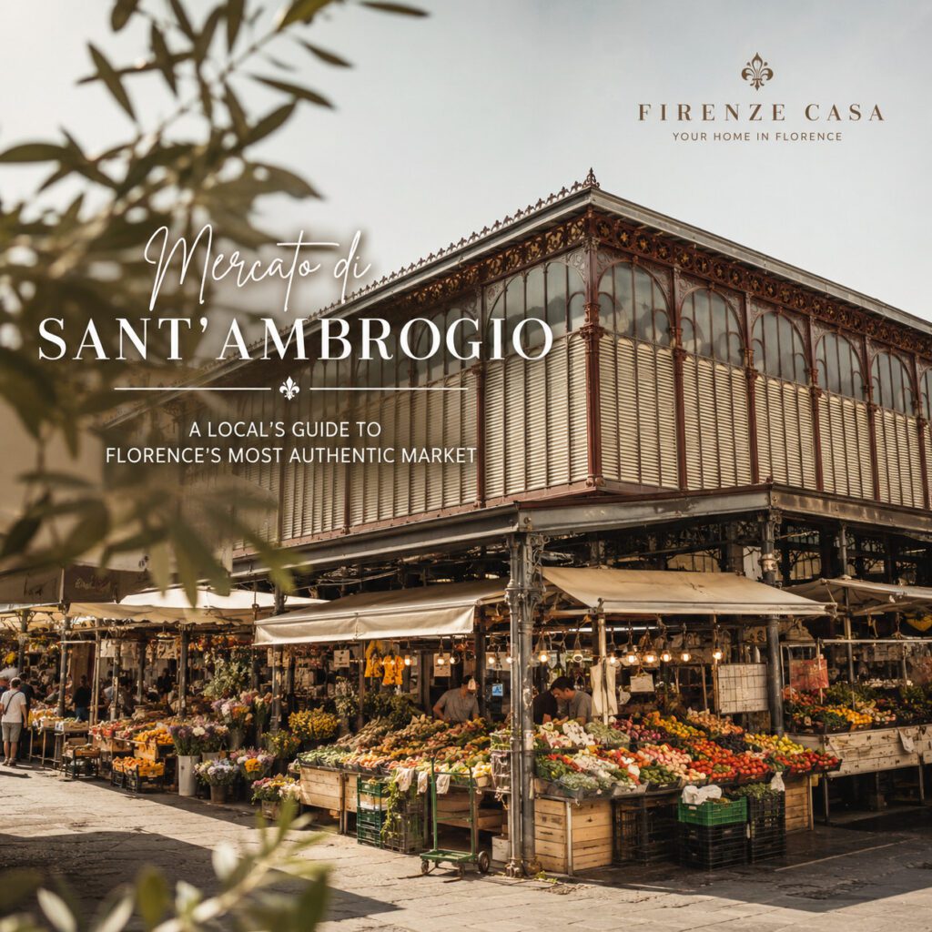 Historic Mercato di Sant'Ambrogio in Florence with colourful market stalls offering fresh fruit, vegetables and local Tuscan specialities.
