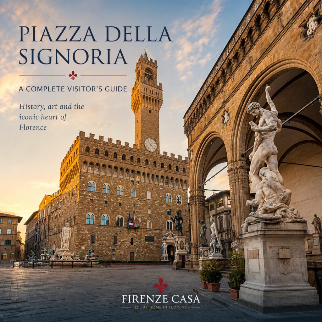 View of Piazza della Signoria in Florence featuring Palazzo Vecchio, the Loggia dei Lanzi and Renaissance sculptures at sunset.