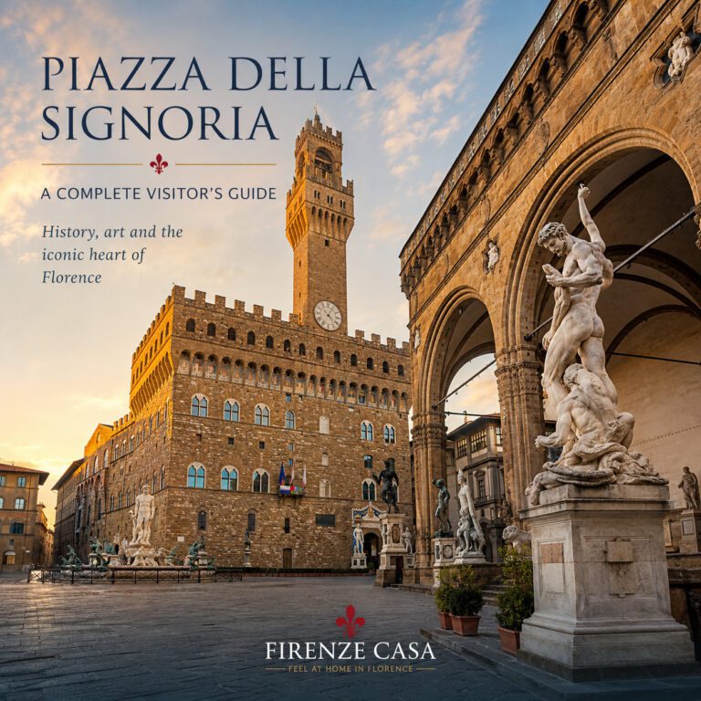 View of Piazza della Signoria in Florence featuring Palazzo Vecchio, the Loggia dei Lanzi and Renaissance sculptures at sunset.