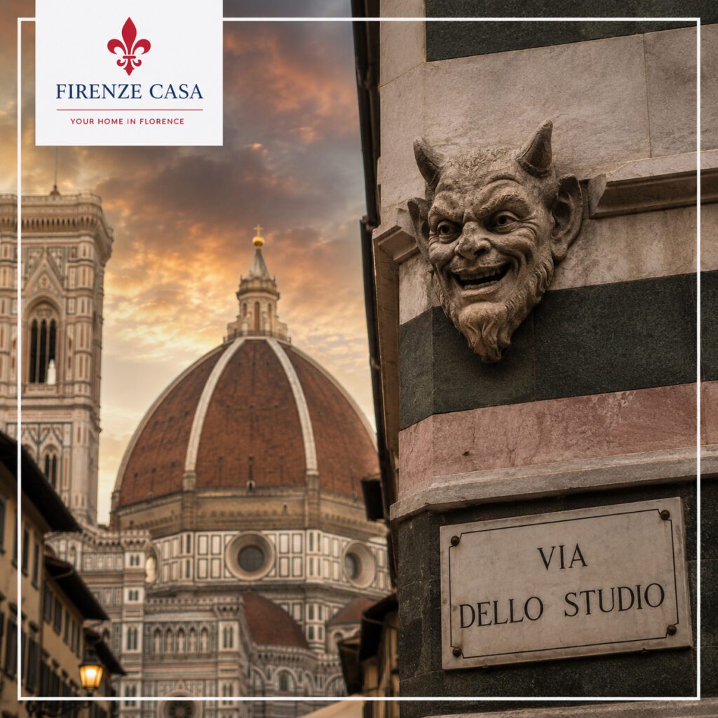 The Devil’s Whirlwind (Il Rifrullo del Diavolo) near Via dello Studio and Florence Cathedral, with the Duomo and Giotto’s Bell Tower in the background.