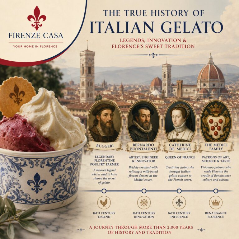 Illustration of the history of Italian gelato featuring Florence, Bernardo Buontalenti, Ruggeri, Catherine de' Medici and the Firenze Casa logo.
