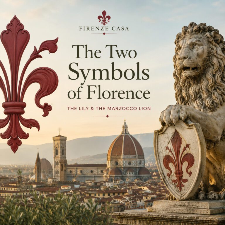 The Florentine Lily and the Marzocco Lion, the two historic symbols of Florence, with the Duomo in the background.