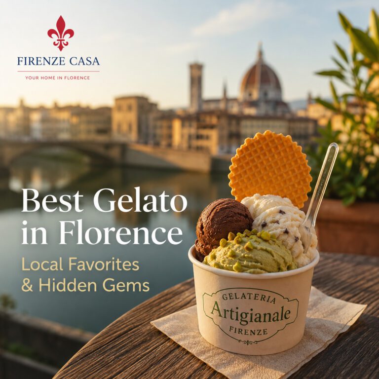 Artisan Italian gelato with pistachio, chocolate and stracciatella overlooking the Arno River and Florence Cathedral at sunset, featuring the Firenze Casa logo.
