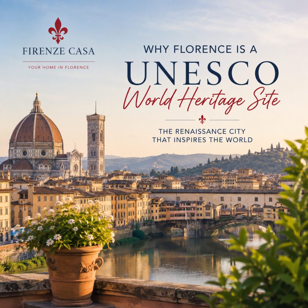 Panoramic view of Florence's UNESCO World Heritage Site featuring the Cathedral of Santa Maria del Fiore and Ponte Vecchio at sunset.