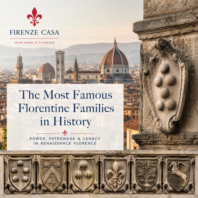 Illustration of Florence's most famous Renaissance families with the Florence Cathedral (Duomo), the Medici coat of arms, and the historic skyline of Florence.