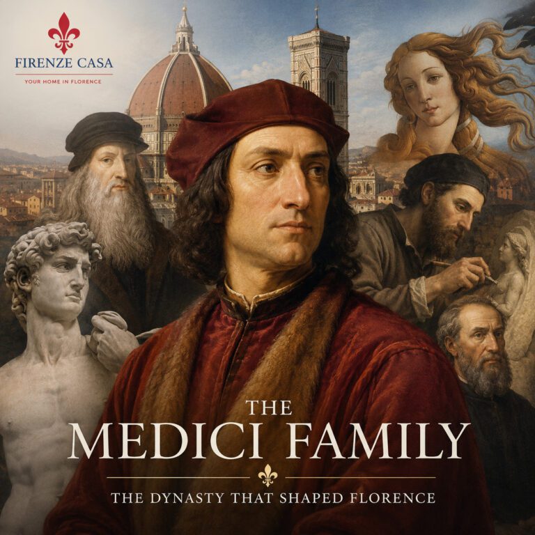 Lorenzo de' Medici surrounded by Renaissance artists including Michelangelo, Leonardo da Vinci and Botticelli, with Florence Cathedral in the background