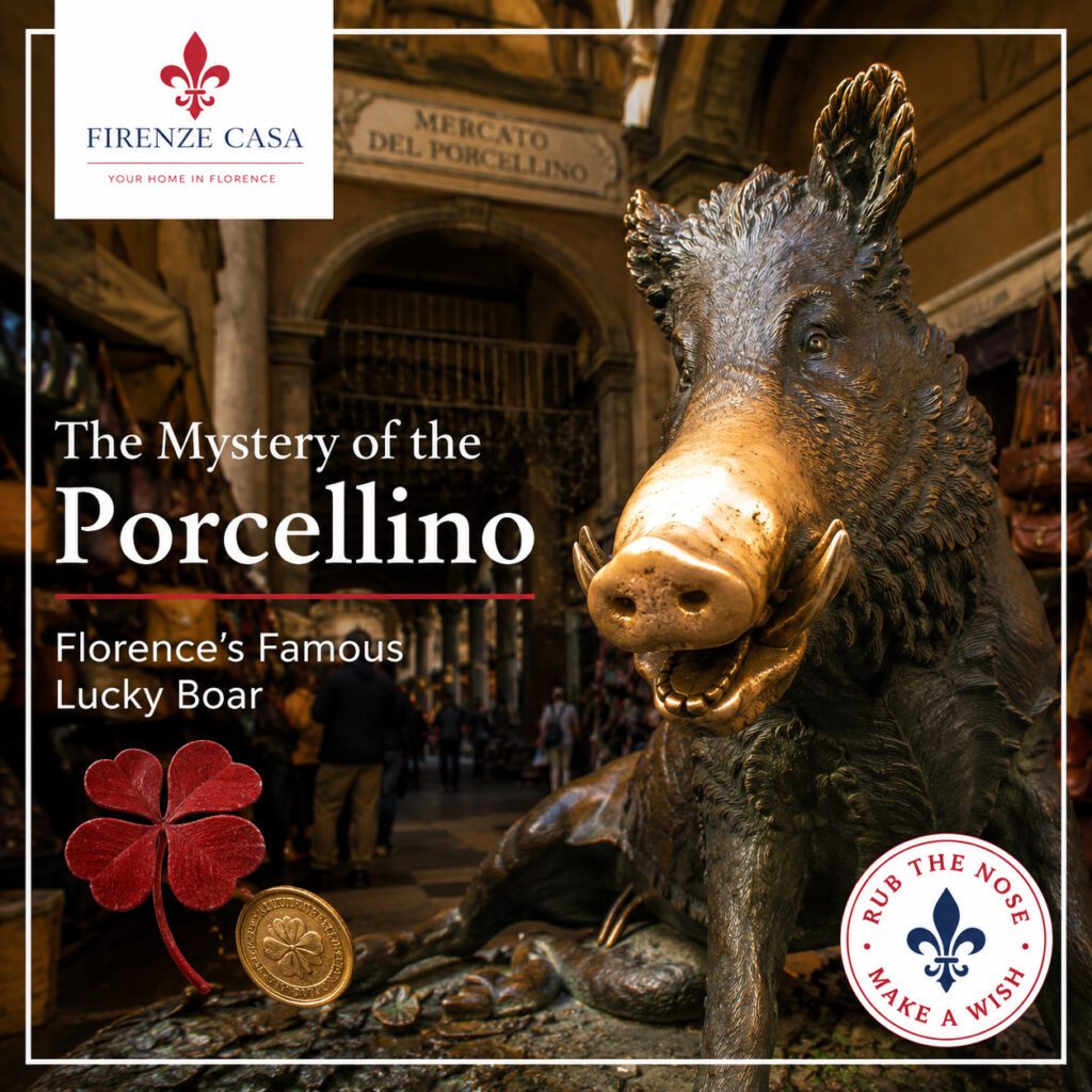 The Porcellino in Florence with its polished bronze nose at the Mercato Nuovo, symbolising Florence's famous good luck tradition.