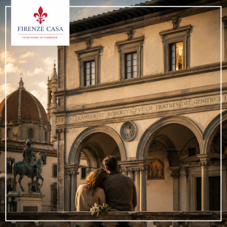 A romantic view of Piazza Santissima Annunziata in Florence with the legendary open window, symbolising enduring love, loyalty and one of the city's most captivating legends.