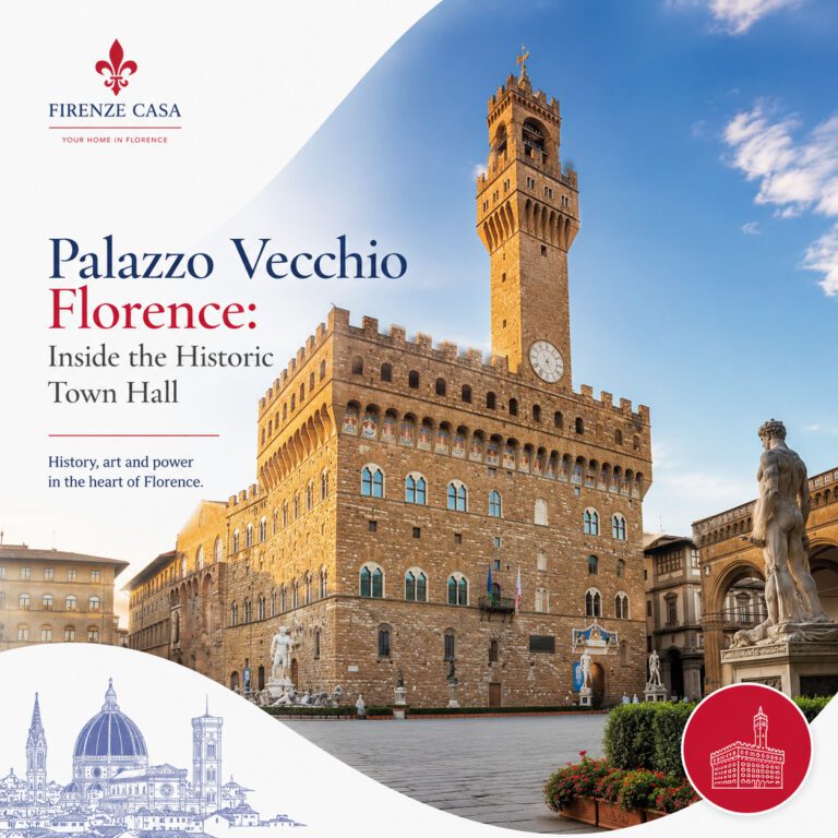 Palazzo Vecchio in Florence with the Arnolfo Tower on Piazza della Signoria – historic town hall and landmark featured by Firenze Casa.