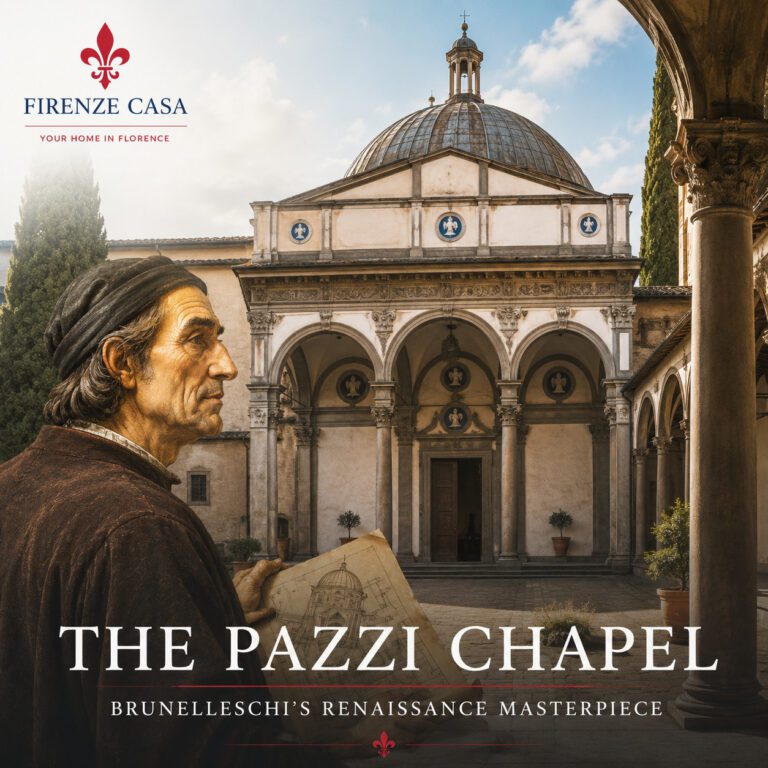 The Pazzi Chapel in Florence with its elegant Renaissance portico and dome, accompanied by an artistic depiction of architect Filippo Brunelleschi holding architectural drawings.
