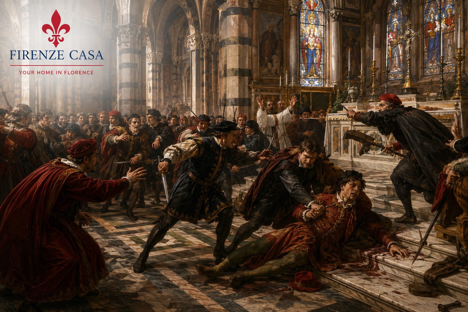 Artistic reconstruction of the Pazzi Conspiracy inside Florence Cathedral on 26 April 1478, showing the attempted assassination of Lorenzo de' Medici and the fatal attack on Giuliano de' Medici during High Mass.