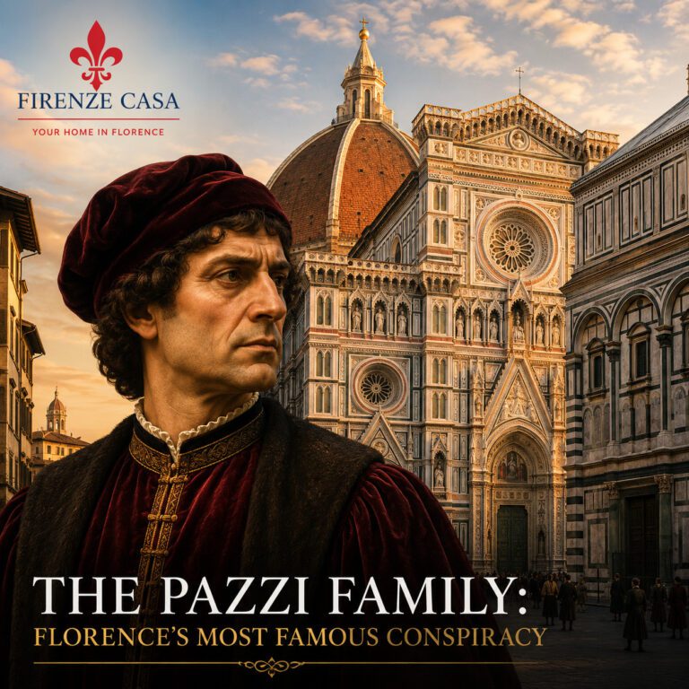 Portrait of Jacopo de' Pazzi in front of Florence Cathedral (Santa Maria del Fiore), illustrating the Pazzi family and the famous Pazzi Conspiracy of 1478 in Renaissance Florence.