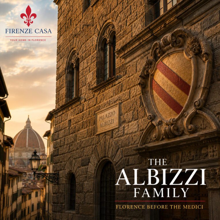 Palazzo Albizzi in Florence with the historic Albizzi family coat of arms, illustrating the powerful dynasty that ruled Florence before the rise of the Medici.