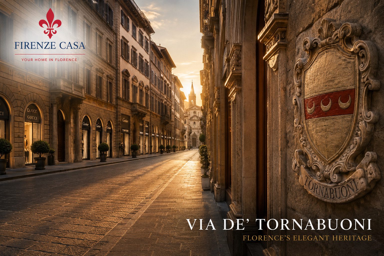 Via de' Tornabuoni in Florence at golden hour, featuring elegant Renaissance palaces and the historic Tornabuoni family coat of arms, symbolising the family's wealth and lasting legacy.