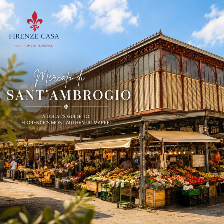 Historic Mercato di Sant'Ambrogio in Florence with colourful market stalls offering fresh fruit, vegetables and local Tuscan specialities.