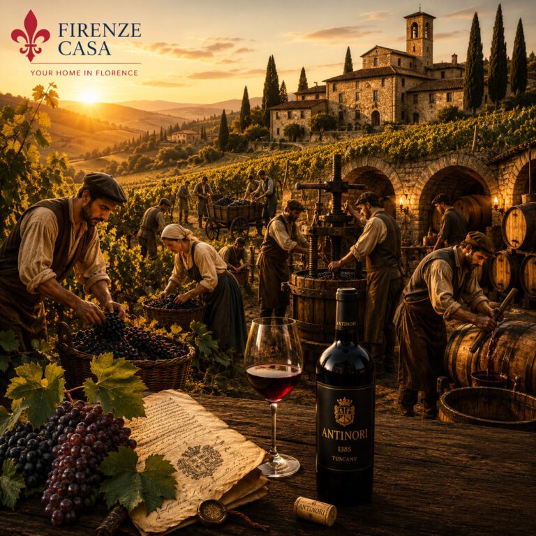Historic Tuscan vineyard with grape harvest, traditional winemaking and the Antinori family's centuries-old wine heritage near Florence.