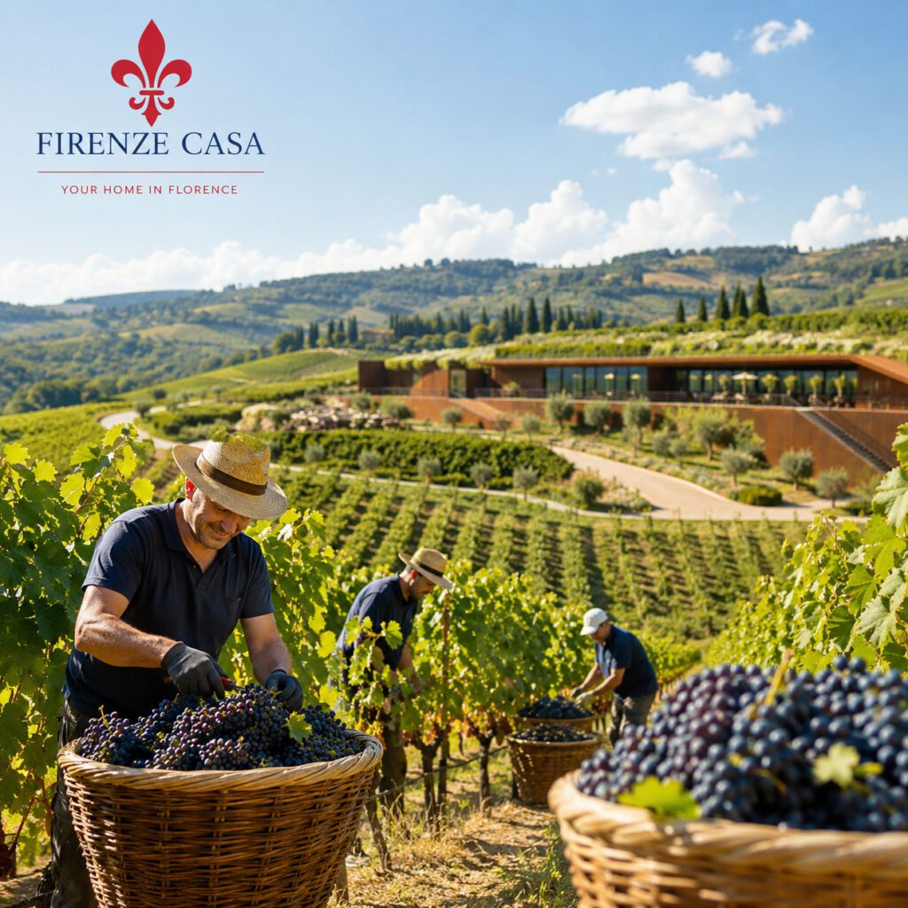 Workers harvesting Sangiovese grapes in the vineyards of Chianti with a modern Tuscan winery in the background, illustrating the Antinori family's winemaking tradition.