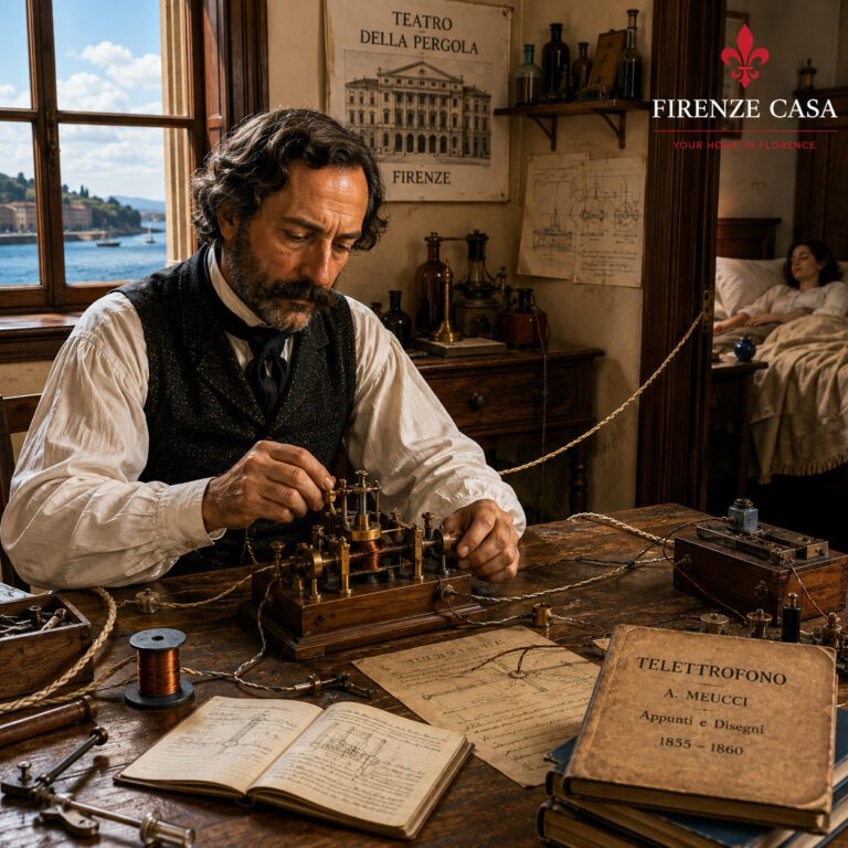 Antonio Meucci experimenting with an early telephone in his workshop