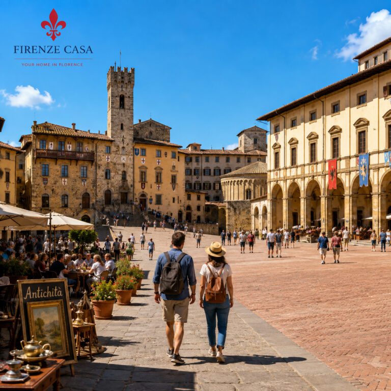 Piazza Grande in Arezzo on a sunny day with historic buildings, visitors and an antiques market