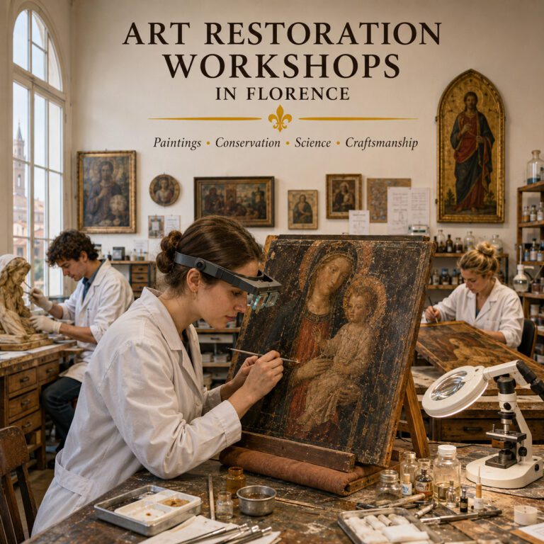 Art restorer conserving a historic painting in a Florence restoration workshop