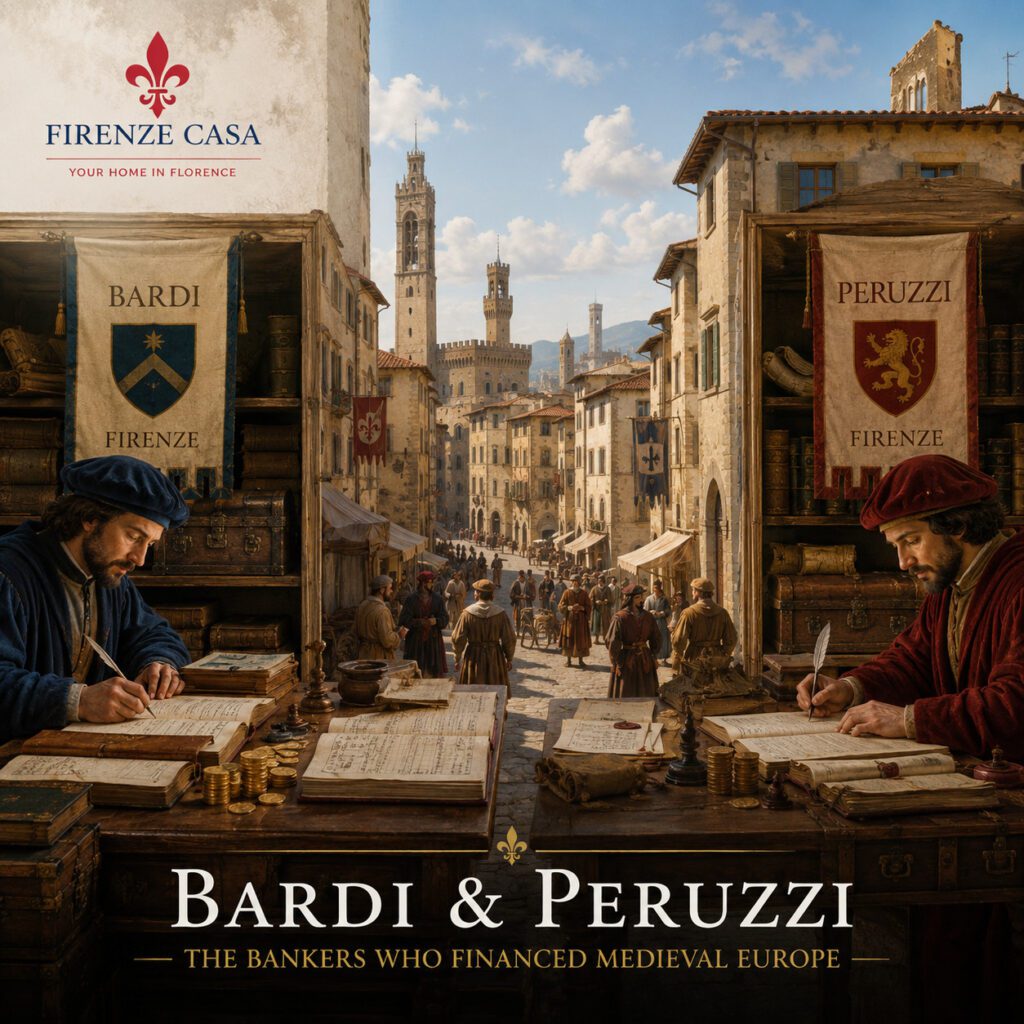 Bardi and Peruzzi bankers working in medieval Florence with ledgers, gold coins and financial documents