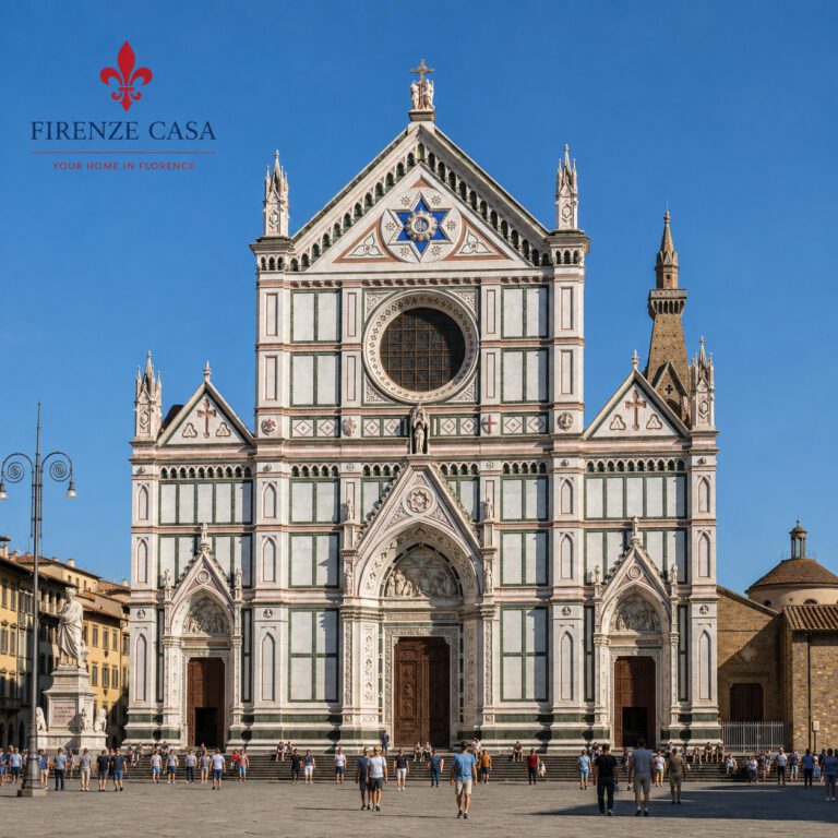 Basilica of Santa Croce in Florence with its marble façade and Piazza Santa Croce