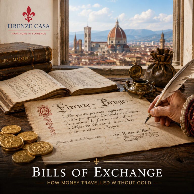 Historical bill of exchange between Florence and Bruges with Florins and Renaissance Florence