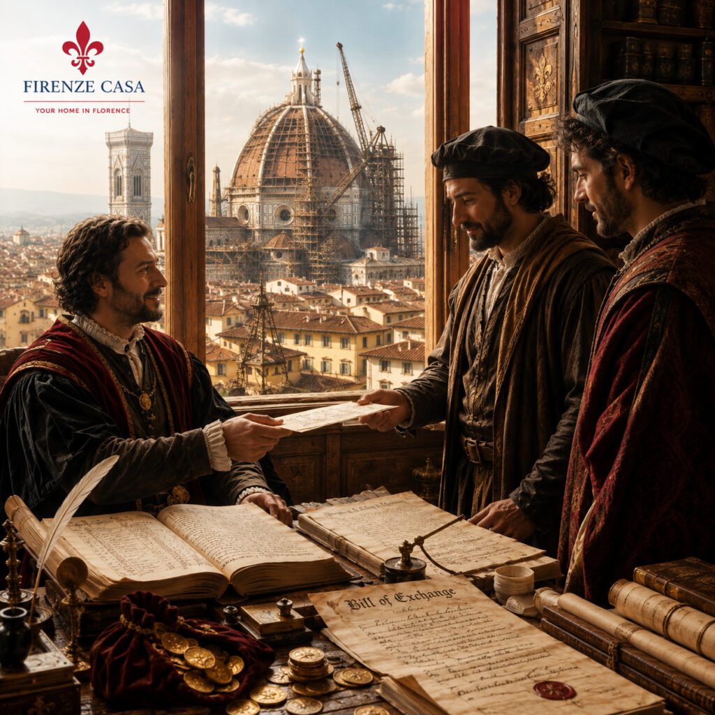 Florentine banker presenting a bill of exchange in Renaissance Florence with the Duomo in the background