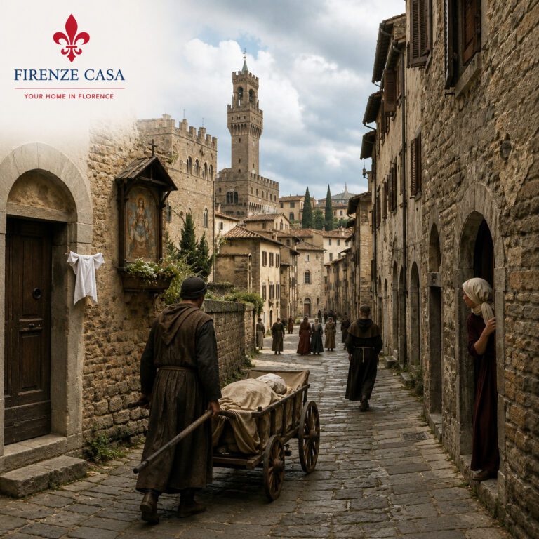 The Black Death in Florence in 1348 with a plague cart in a medieval Florentine street