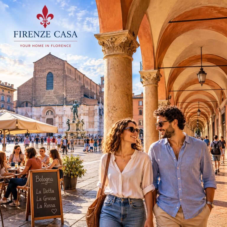 Couple walking beneath Bologna's historic porticoes near Piazza Maggiore on a sunny day.