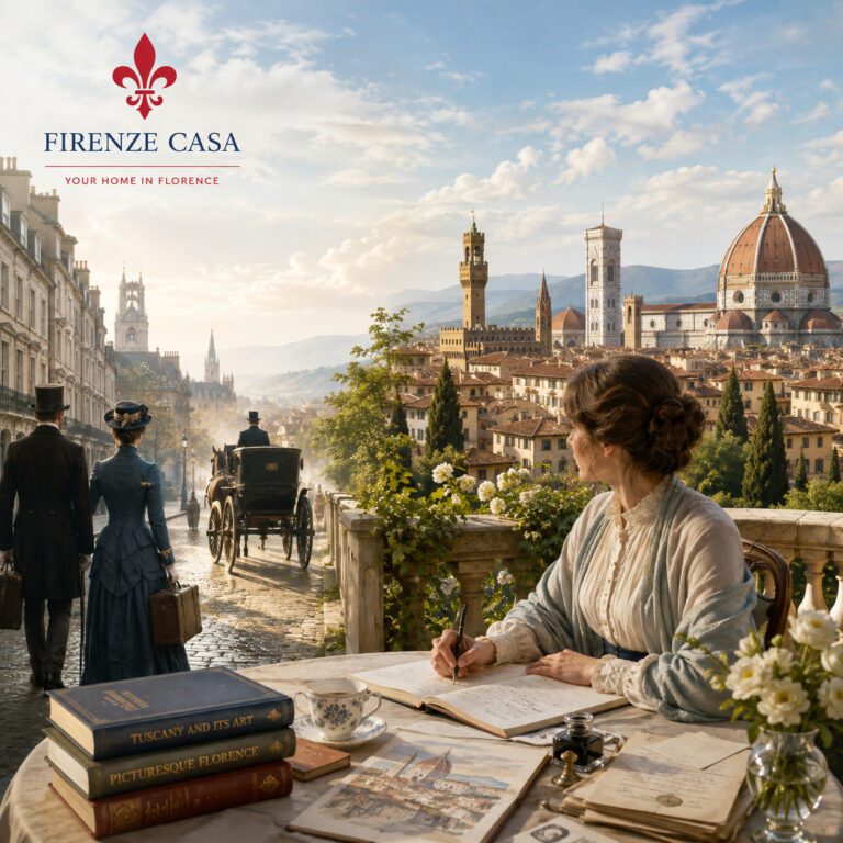 British writer on a Florentine terrace overlooking the Duomo, symbolising the historic British community in Florence