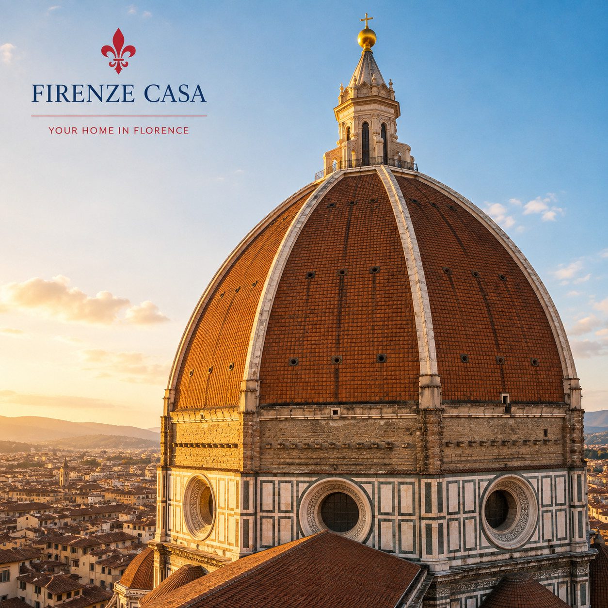 Close-up view of Brunelleschi's Dome above Florence at sunrise, showcasing the iconic Renaissance masterpiece.
