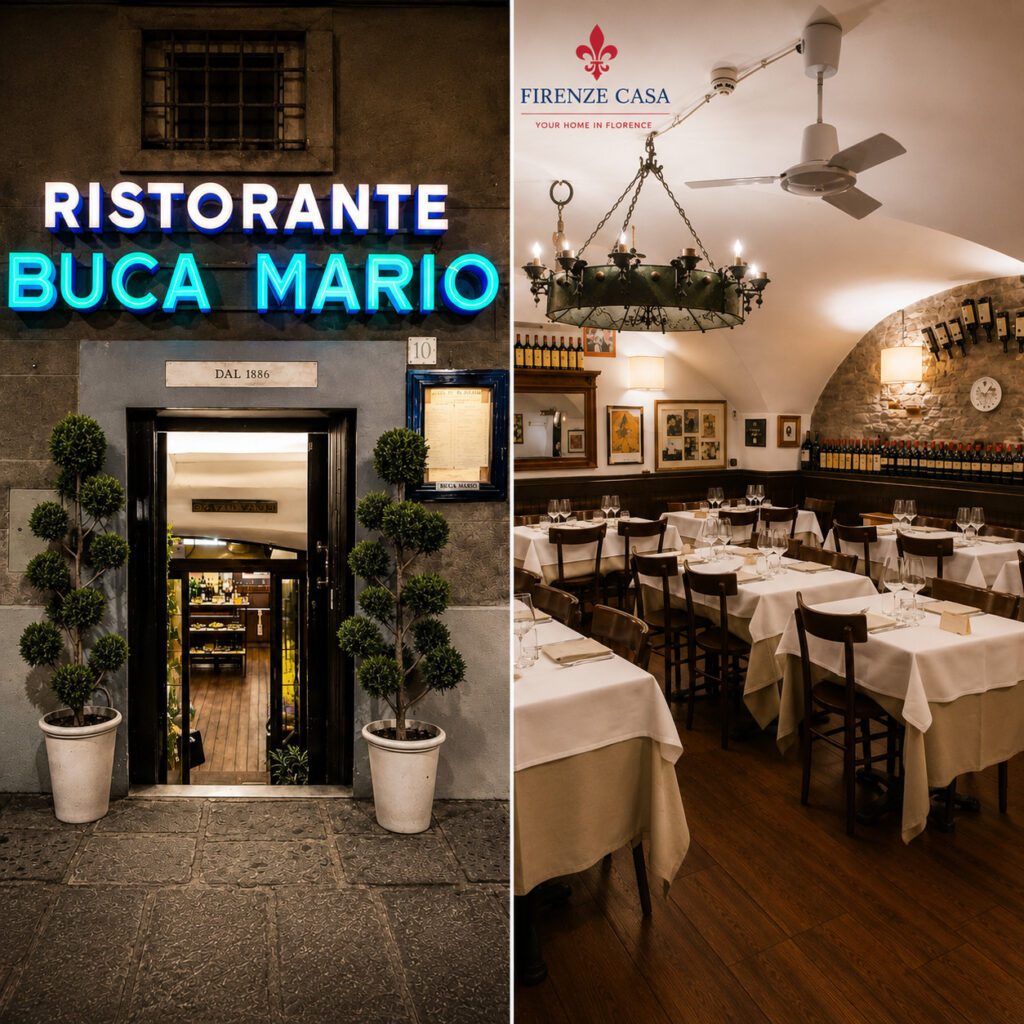 Buca Mario historic restaurant in Florence with entrance and traditional dining room