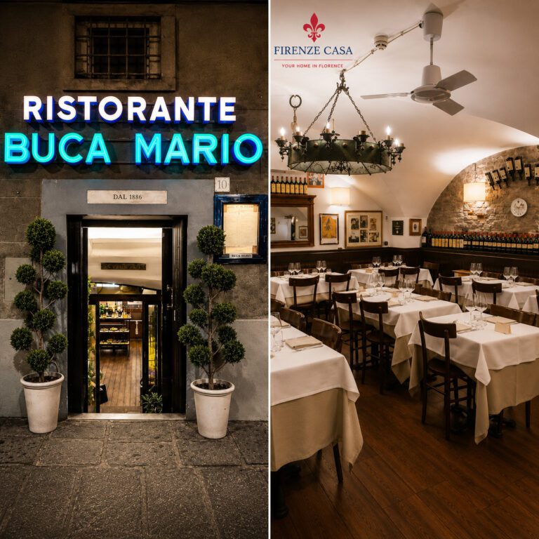 Buca Mario historic restaurant in Florence with entrance and traditional dining room