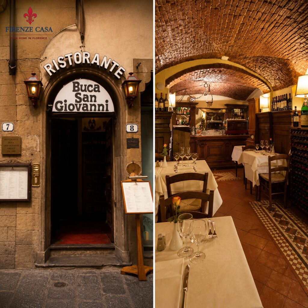 Buca San Giovanni historic restaurant in Florence with entrance and traditional vaulted dining room