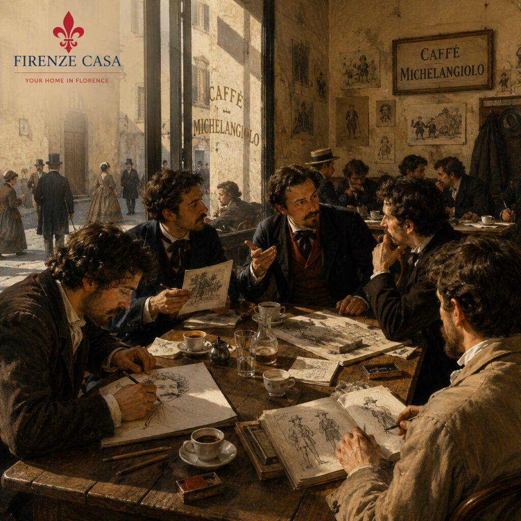 Artists of the Macchiaioli gathering at Caffè Michelangiolo in nineteenth-century Florence