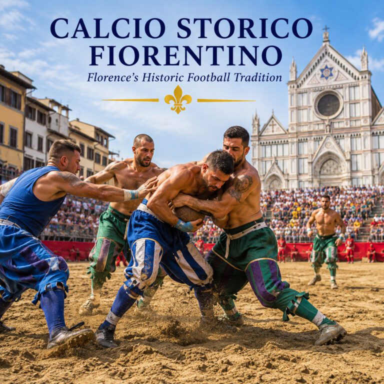 Calcio Storico Fiorentino players competing in Piazza Santa Croce in Florence