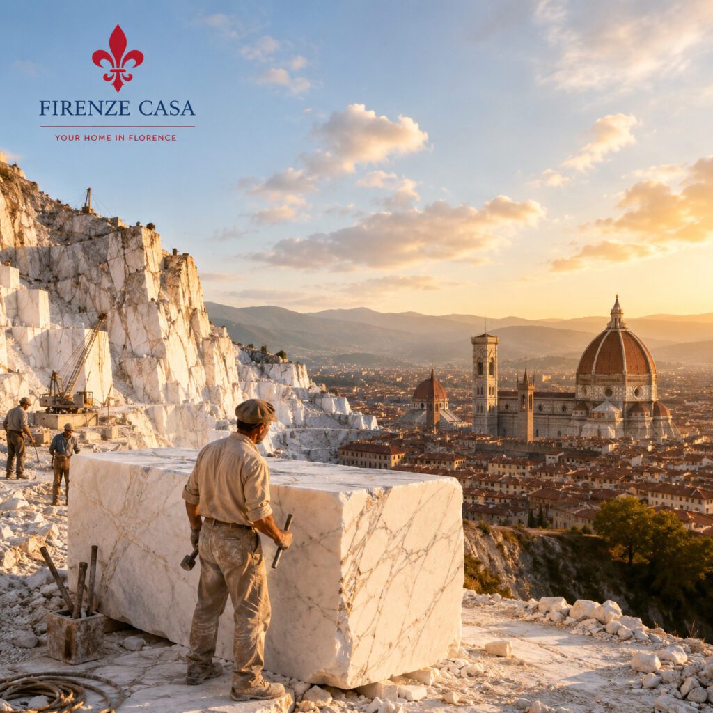 Carrara Marble Quarries overlooking Florence at sunset, showing a marble worker beside a massive marble block with the Florence Cathedral in the background.