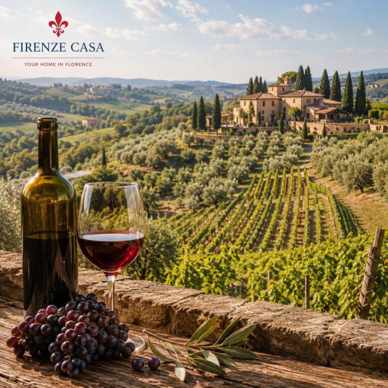 Chianti wine with vineyards and olive groves in the Tuscan countryside